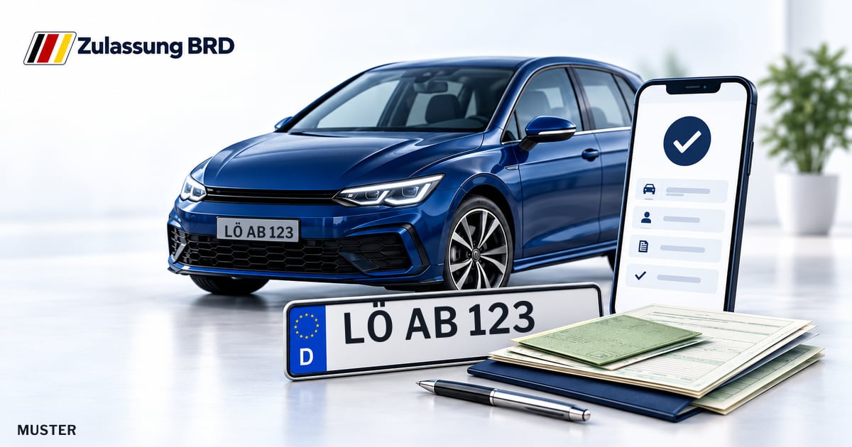 Online Fahrzeugzulassung in Rheinfelden: Musterkennzeichen LÖ AB 123, Auto und Fahrzeugpapiere und Smartphone. Illustration mit Logo von Zulassung BRD.